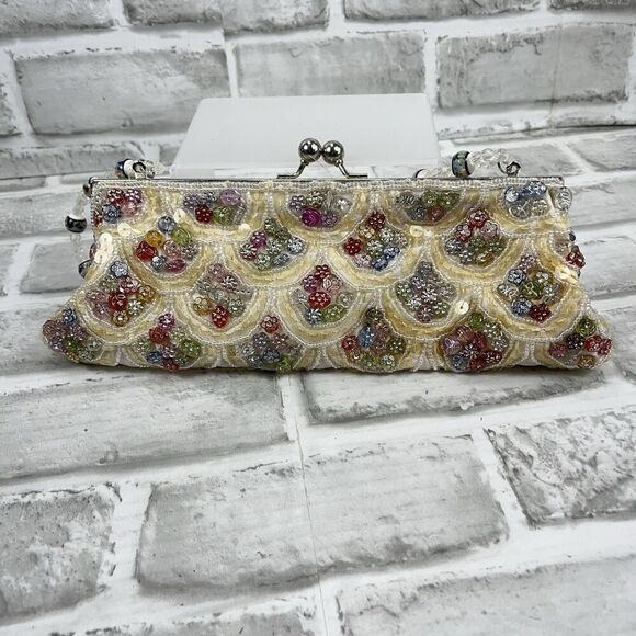 Vintage Handmade Beaded Cream Multi Color Beaded Wedding Small Bag - Picture 3 of 12